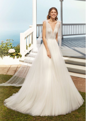 Plunging Neck Beaded Ivory Lace Tulle Wedding Dress